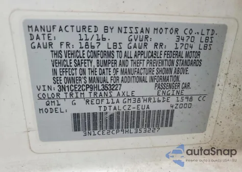 2017 Nissan Versa Note S z USA, uszkodzony, nr VIN 3N1CE2CP9HL353227